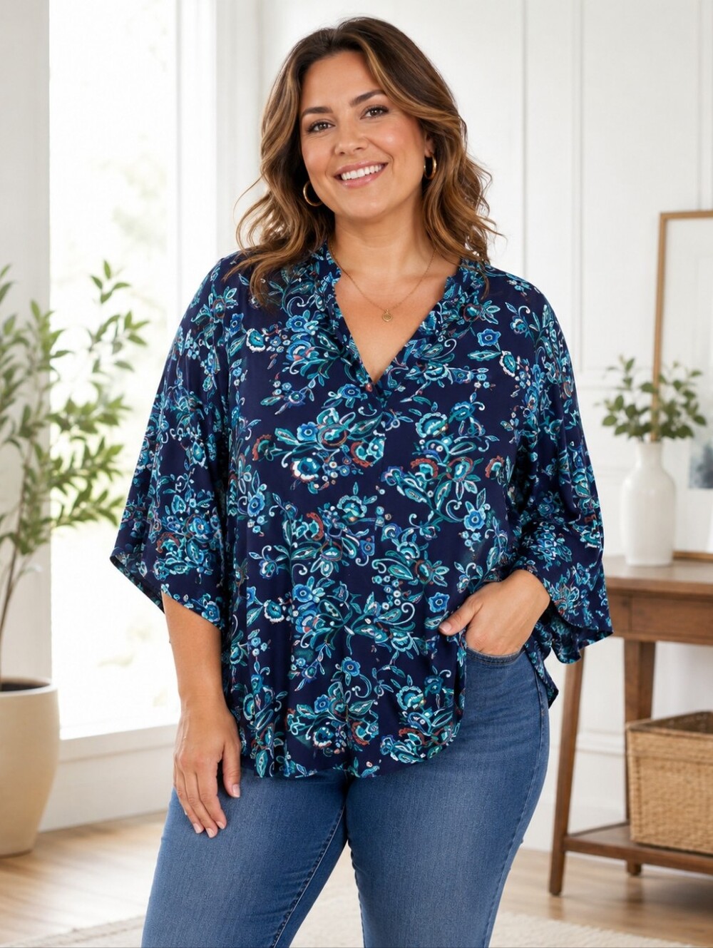 Chicos womens Floral V neck Tunic Blouse Top shirt 22 24w 3x 3xl Navy blue